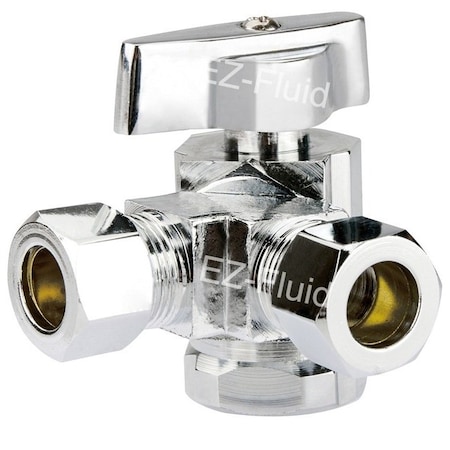 Ez-Fluid 1/2inFIPX3/8inOD CompX1/4in OD Comp, Dual Outlet 1/4 Turn Angle Stop EZS123814